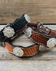 Leather Dog Collar With Bright Silver Clear Conchos 10" to 22" -DC1