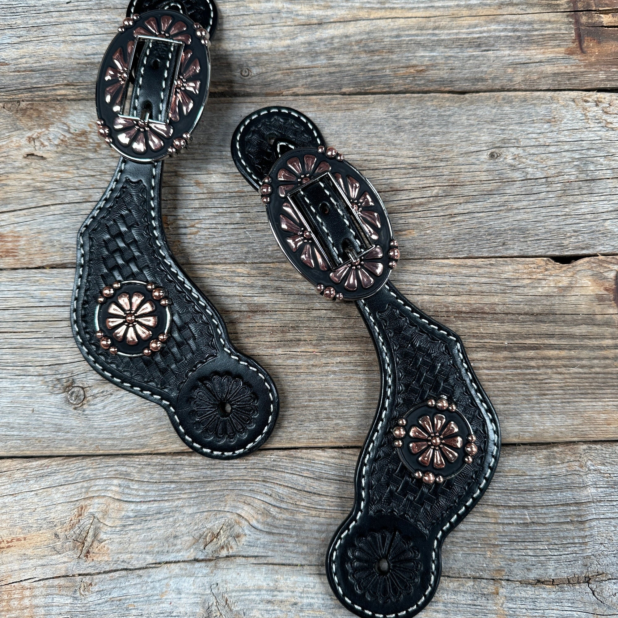 Black Basketweave Spur Straps - Copper Flower 