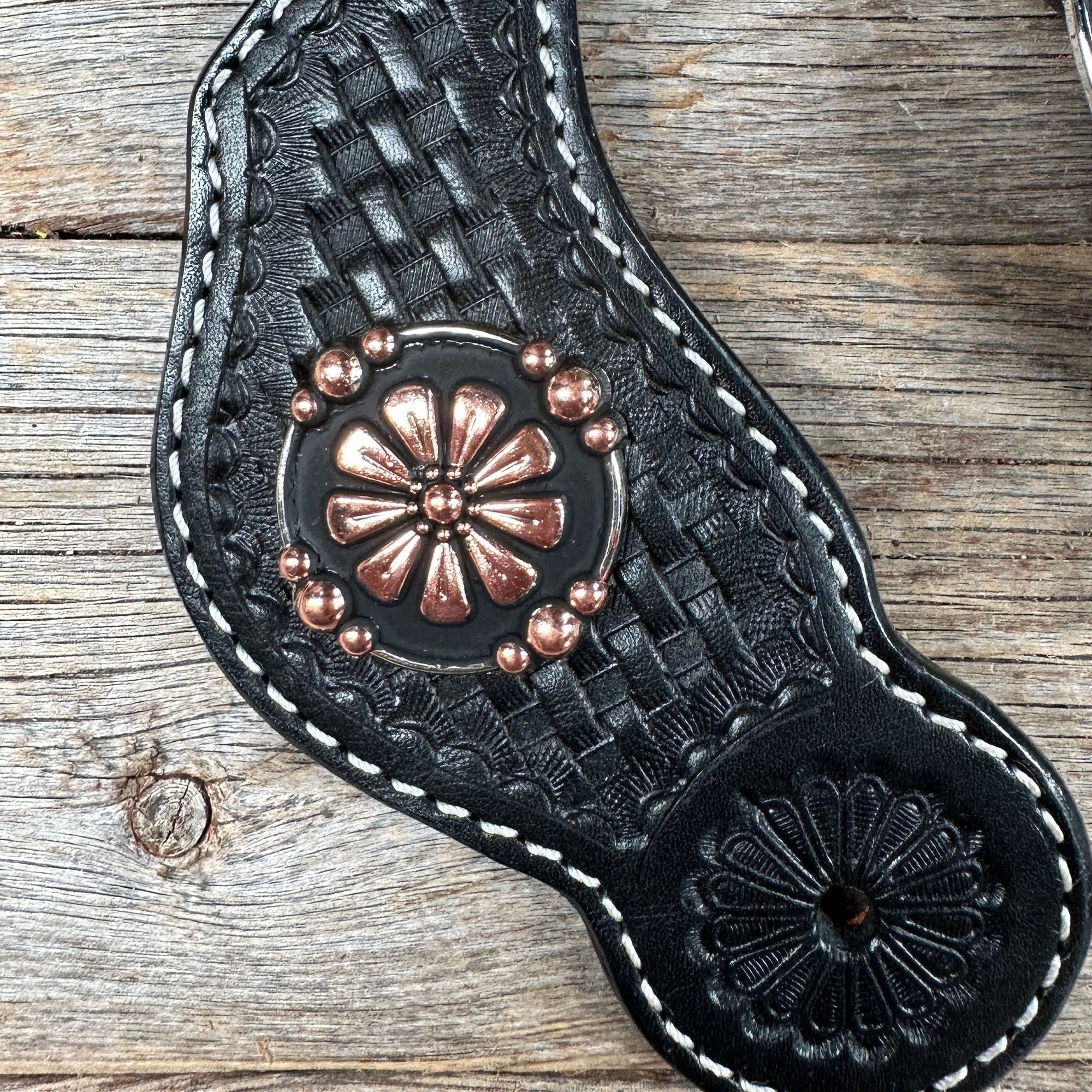 Black Basketweave Spur Straps - Copper Flower 