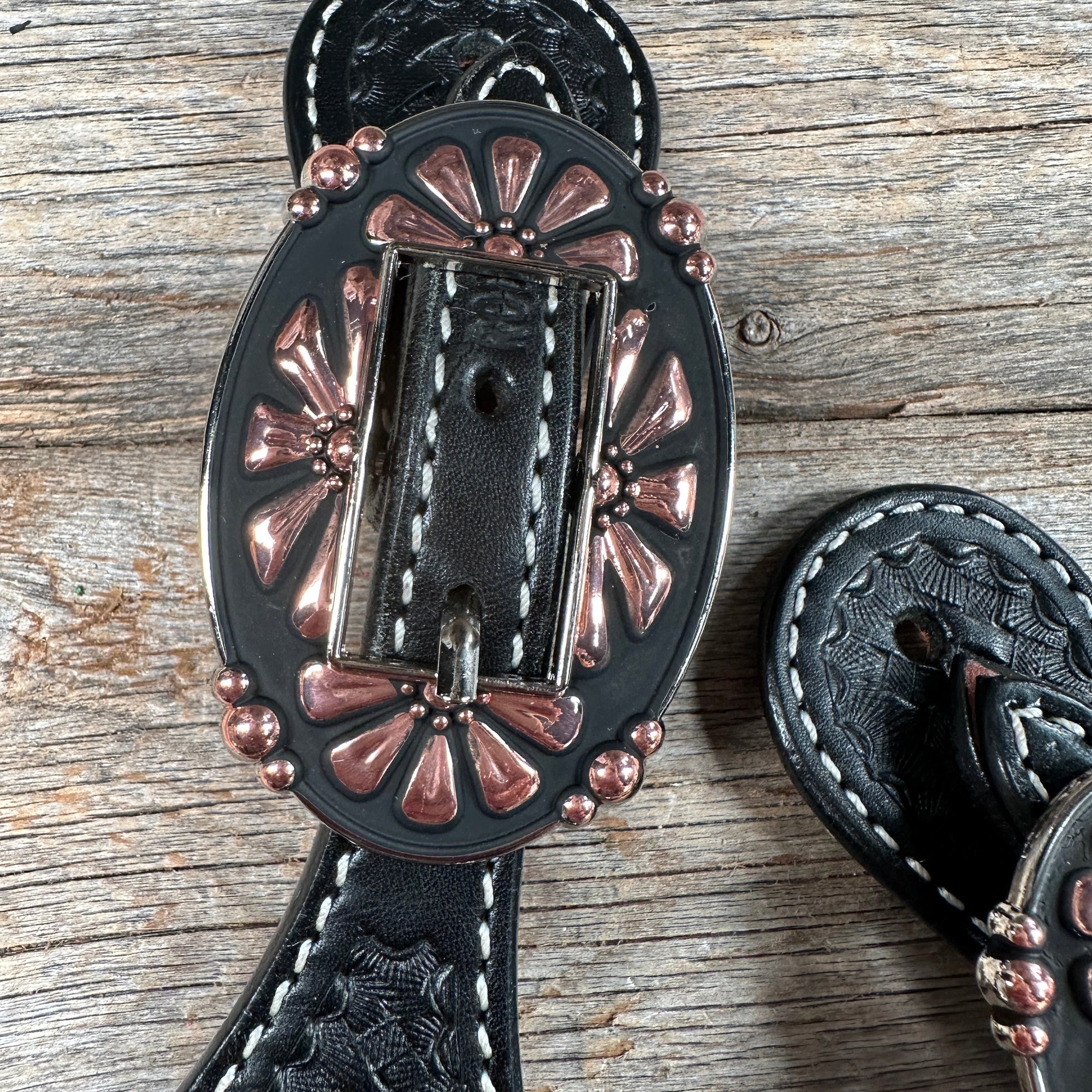 Black Basketweave Spur Straps - Copper Flower 