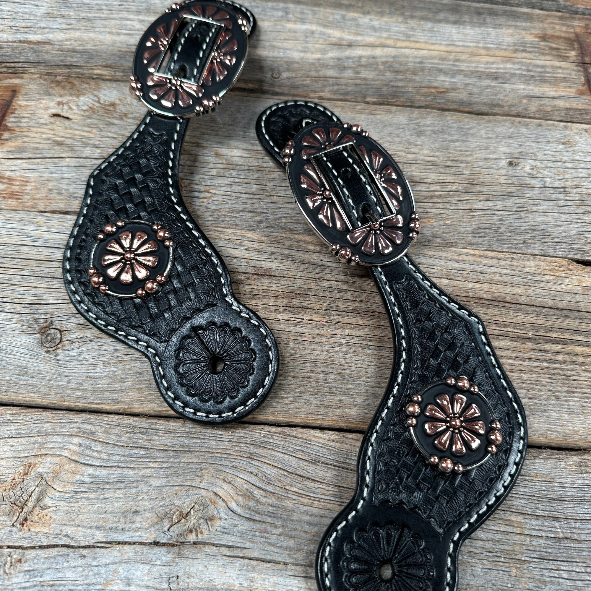 Black Basketweave Spur Straps - Copper Flower 