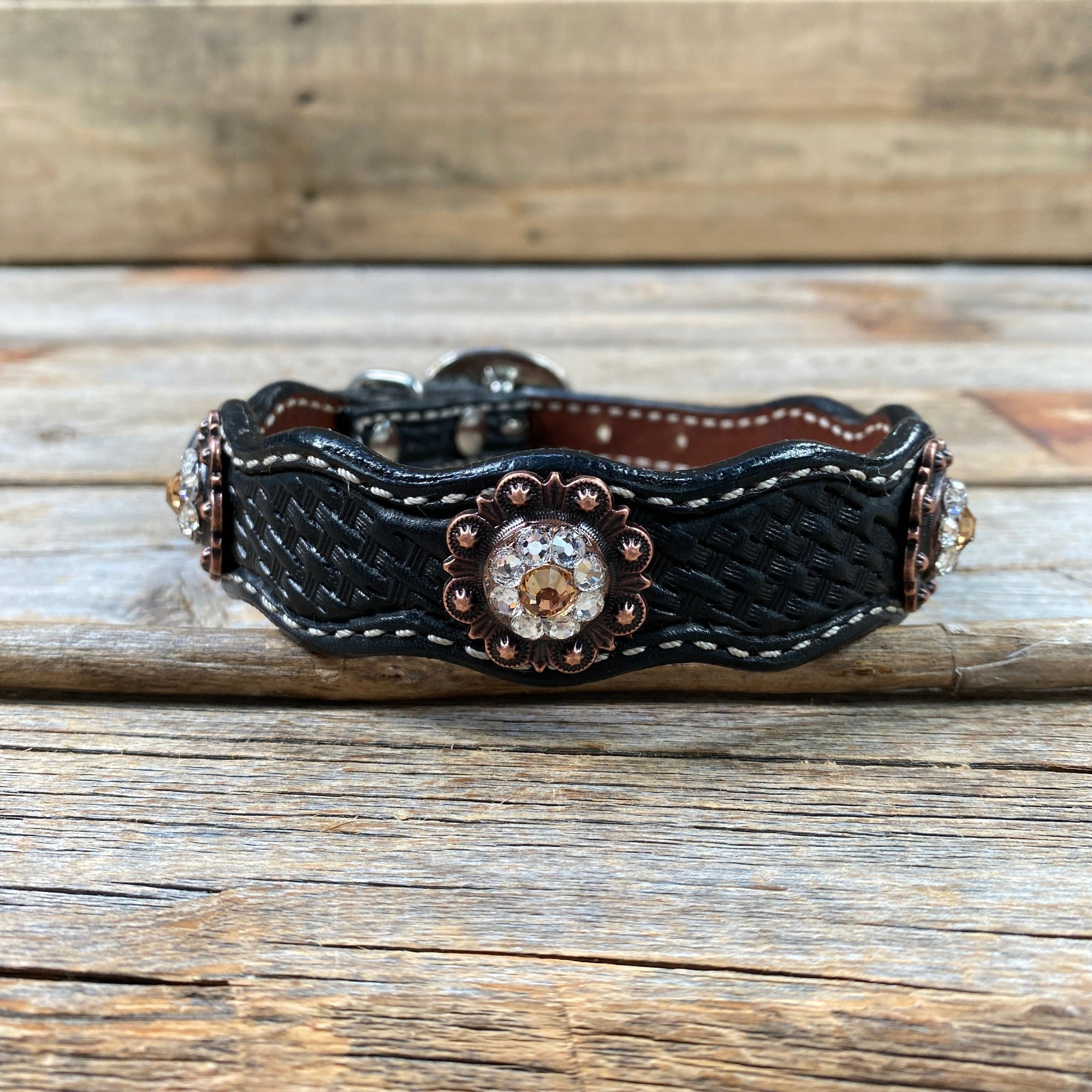 Leather Dog Collar With Copper Champagne and Clear Conchos 10" to 22" -DC34