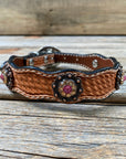 Leather Dog Collar With Copper Pink and Champagne Conchos 10" to 22" -DC36