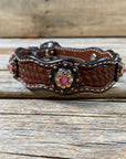 Leather Dog Collar With Copper Pink and Champagne Conchos 10" to 22" -DC36