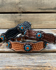Leather Dog Collar With Copper Fire Opal and Teal Conchos 10" to 22" -DC37