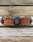 Leather Dog Collar With Copper Fire Opal and Teal Conchos 10" to 22" -DC37