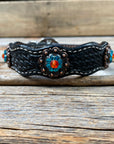 Leather Dog Collar With Copper Fire Opal and Teal Conchos 10" to 22" -DC37