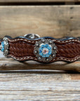 Leather Dog Collar With Antique Silver Aqua and Clear Conchos 10" to 22" -DC39