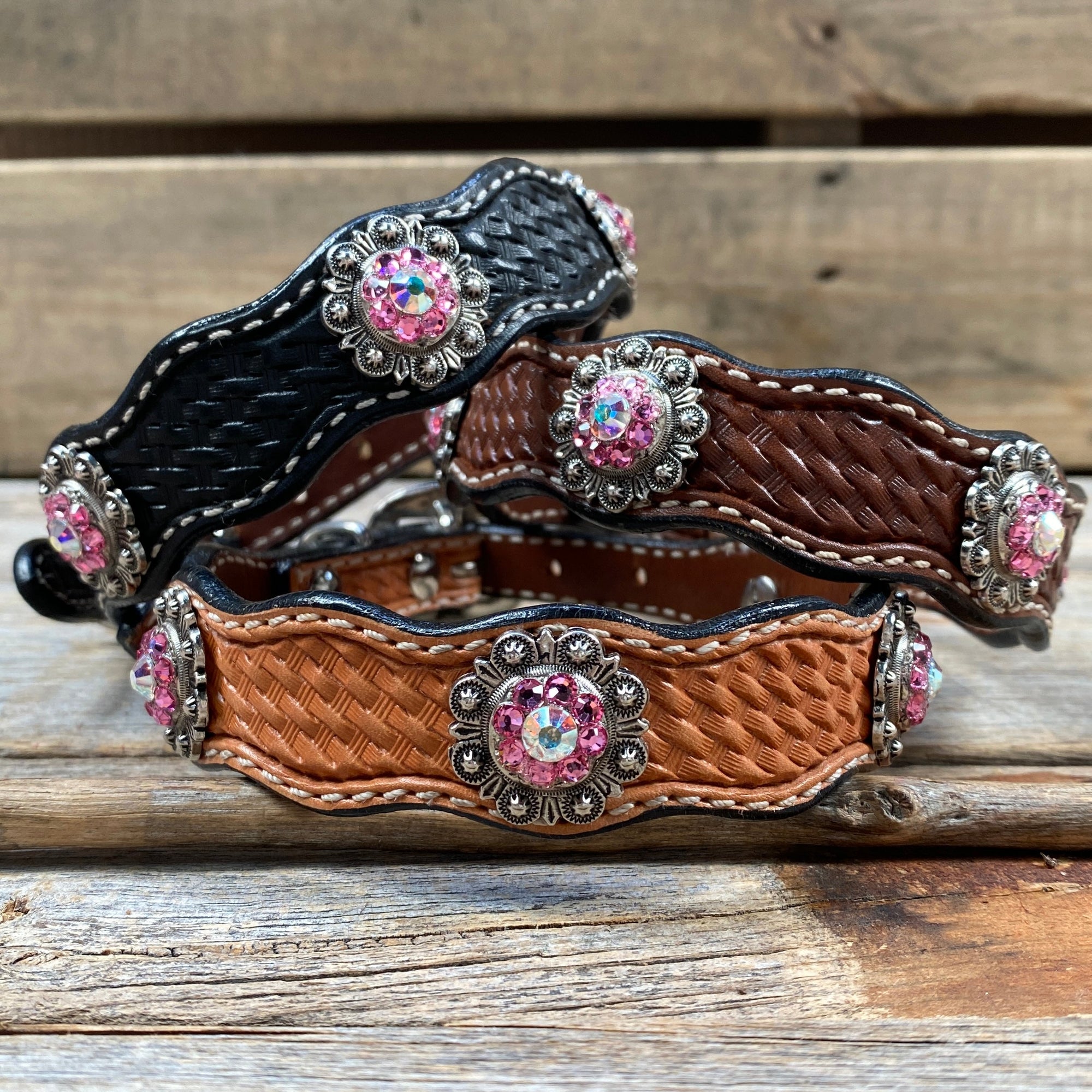 Leather Dog Collar With Antique Silver Pink and AB Conchos 10" to 22" -DC40