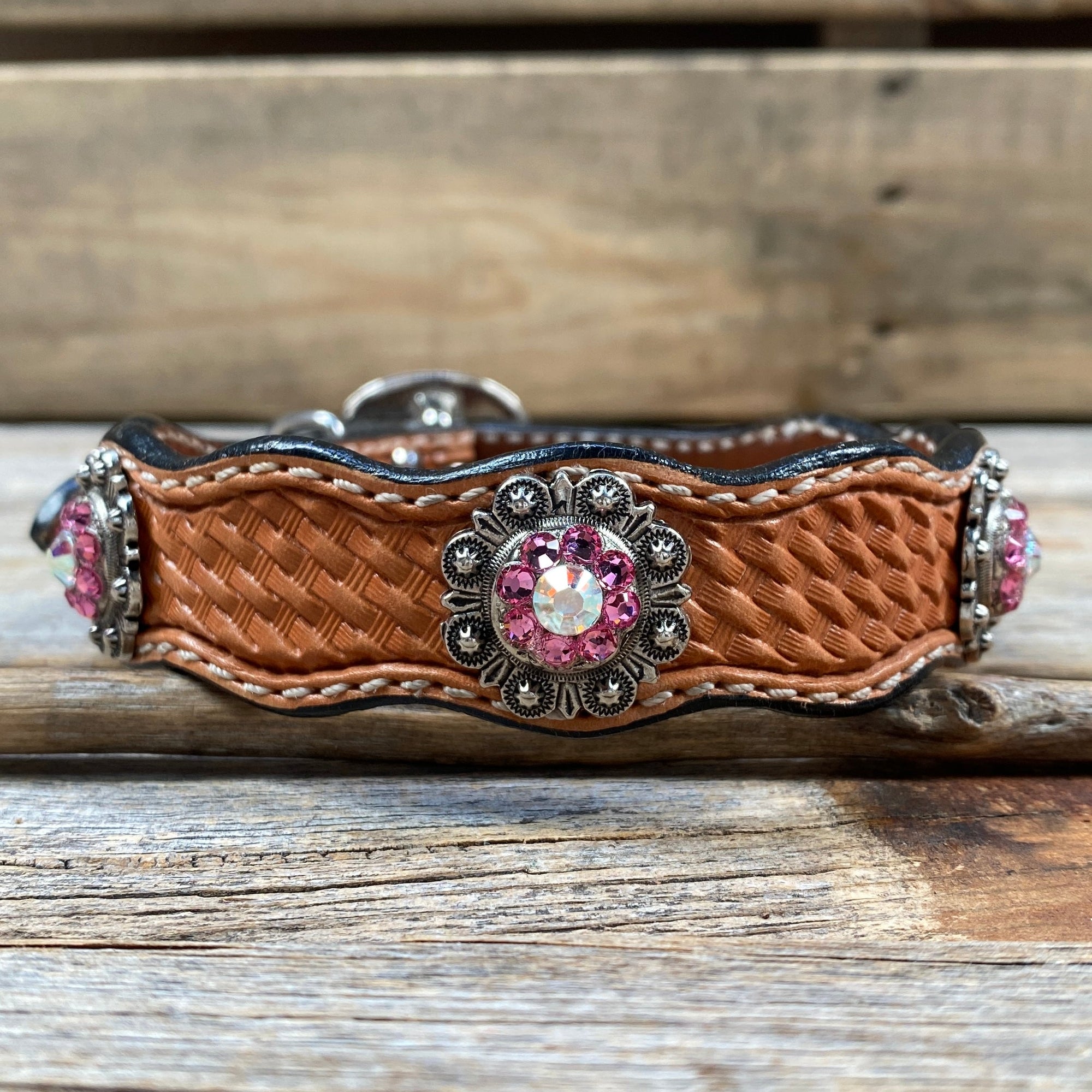 Leather Dog Collar With Antique Silver Pink and AB Conchos 10" to 22" -DC40