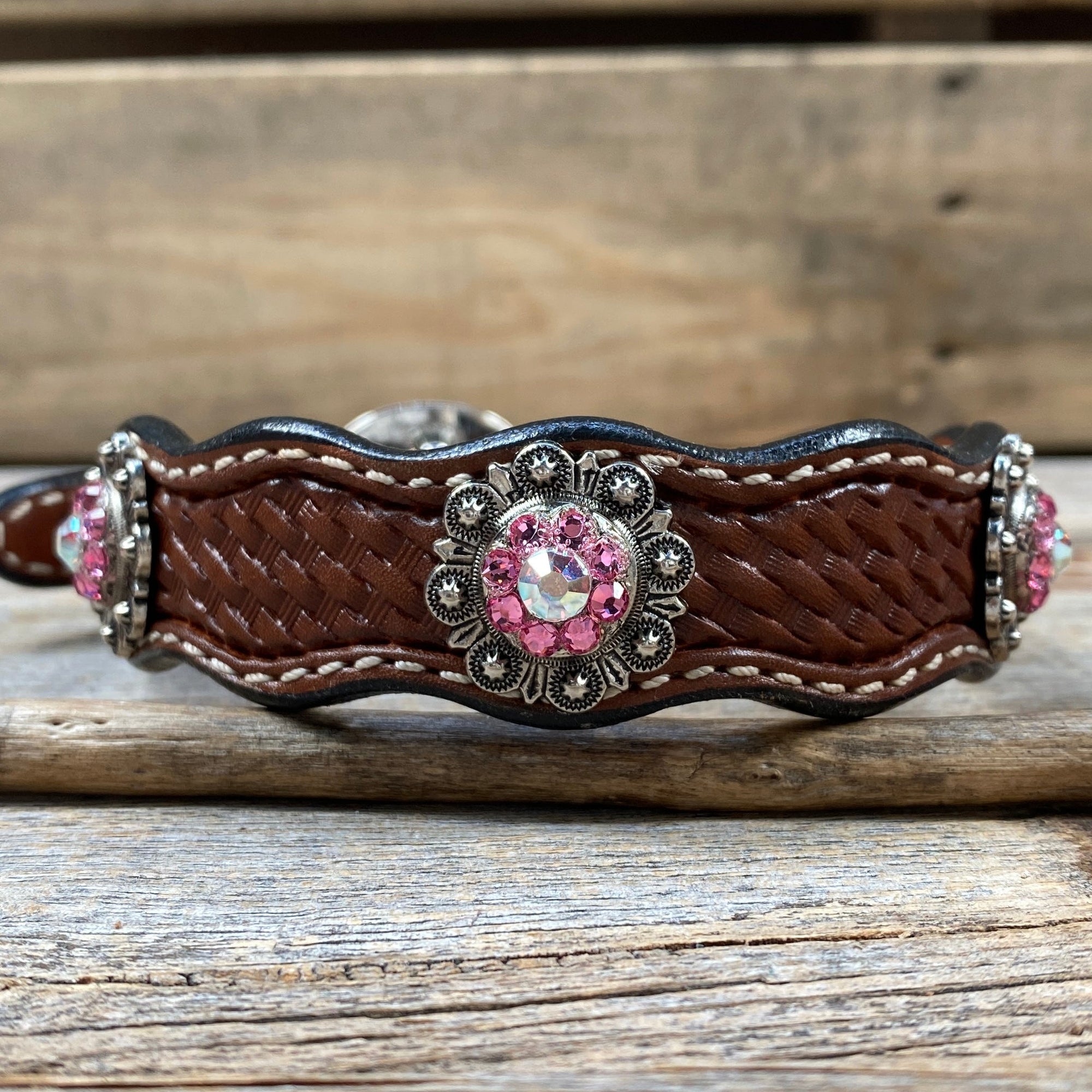 Leather Dog Collar With Antique Silver Pink and AB Conchos 10" to 22" -DC40