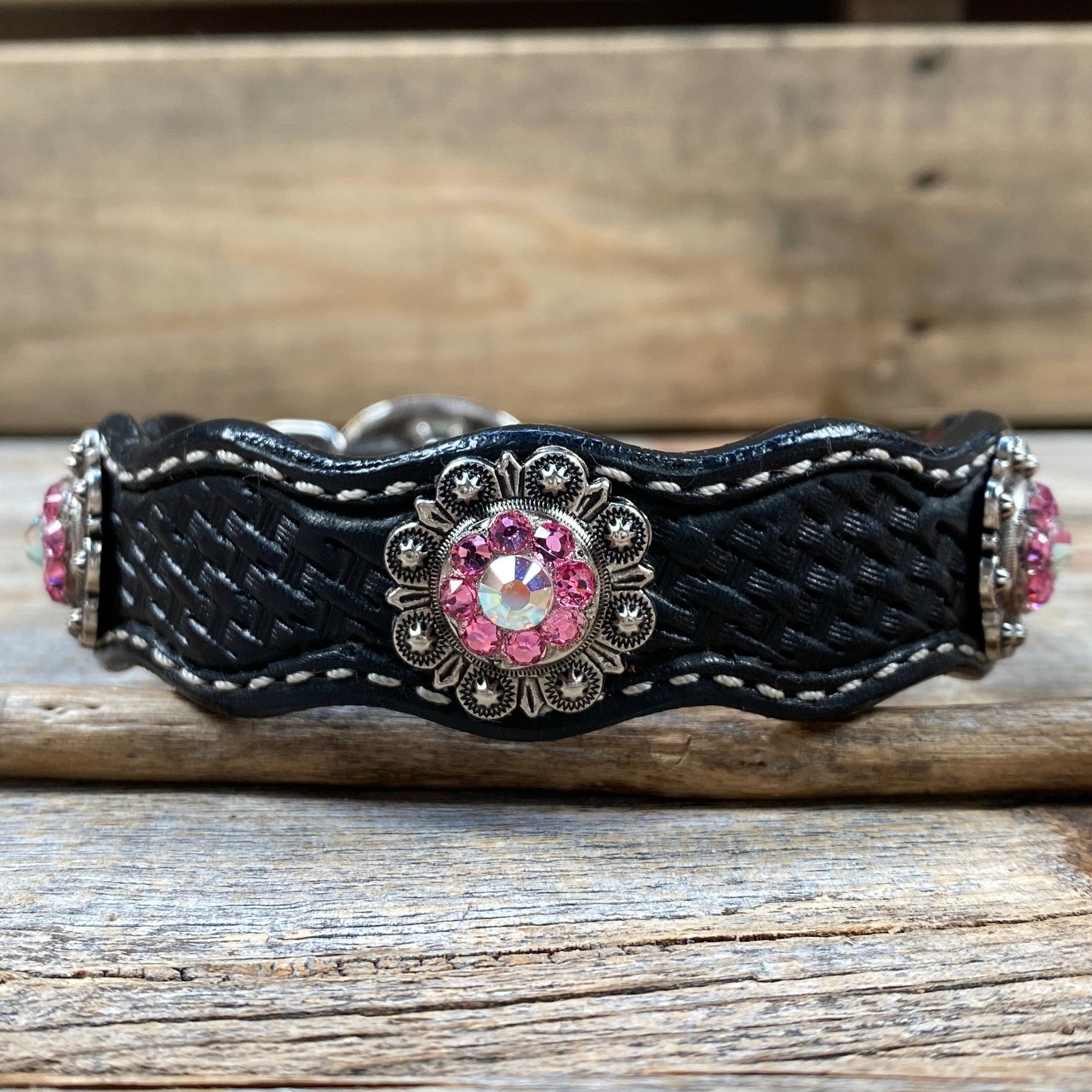 Leather Dog Collar With Antique Silver Pink and AB Conchos 10" to 22" -DC40