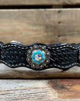 Leather Dog Collar With Antique Silver Turquoise and AB Conchos 10" to 22" -DC5