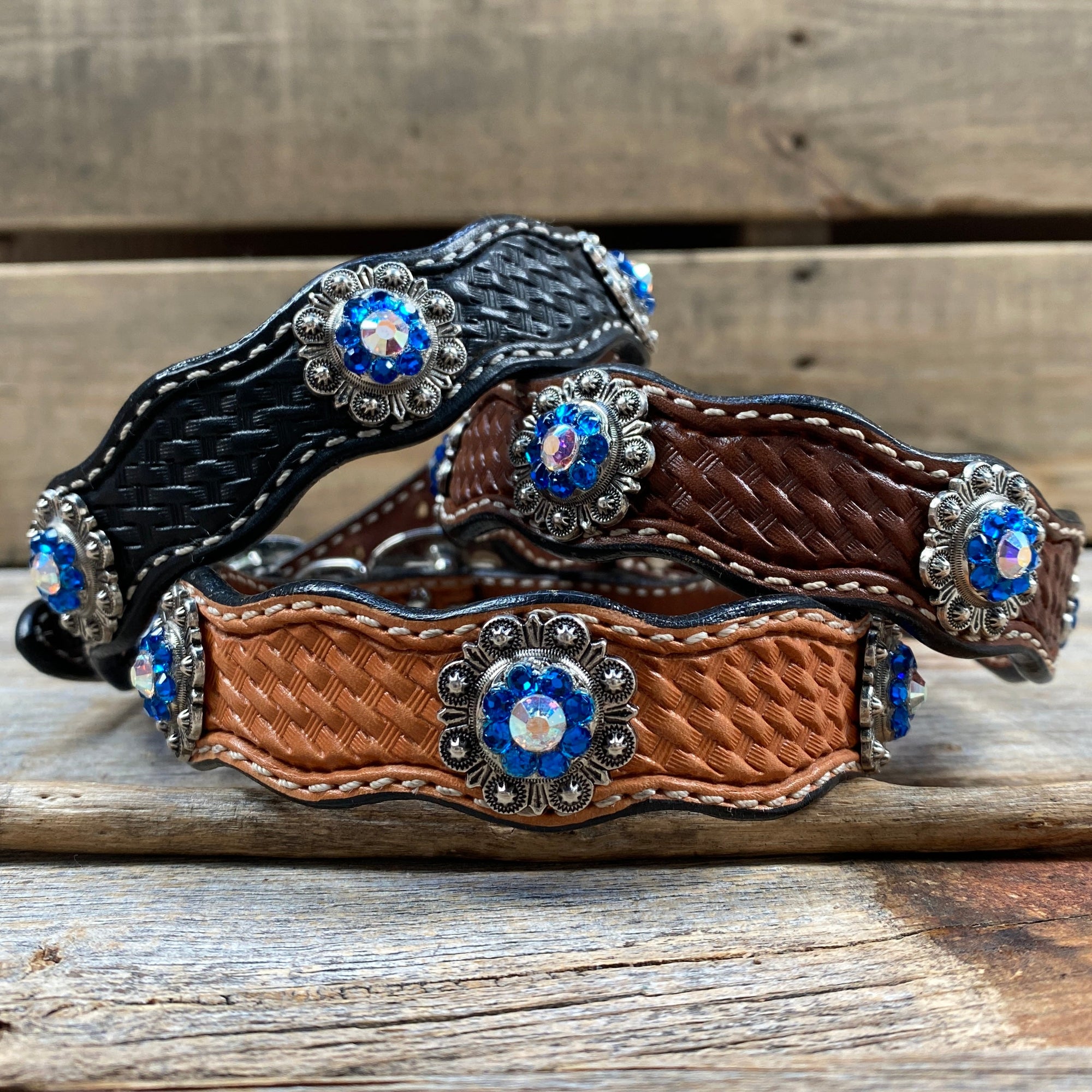 Leather Dog Collar With Antique Silver Capri and AB Conchos 10" to 22" -DC43