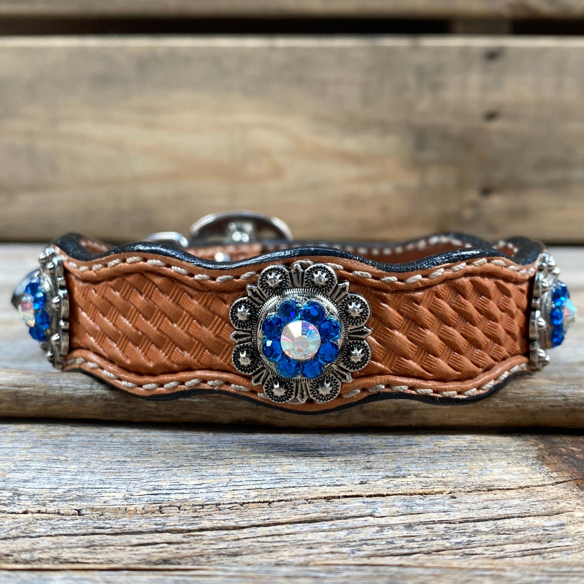 Leather Dog Collar With Antique Silver Capri and AB Conchos 10" to 22" -DC43