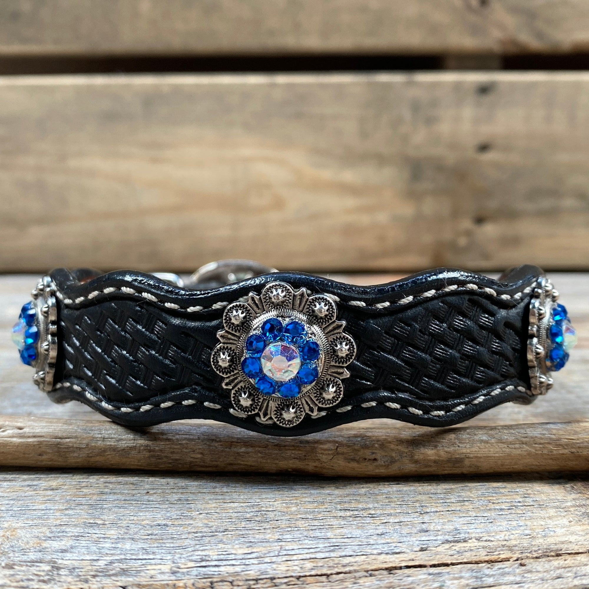 Leather Dog Collar With Antique Silver Capri and AB Conchos 10" to 22" -DC43
