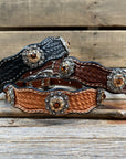 Leather Dog Collar With Antique Silver Topaz and Champagne Conchos 10" to 22" -DC12