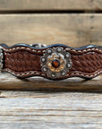 Leather Dog Collar With Antique Silver Topaz and Champagne Conchos 10" to 22" -DC12