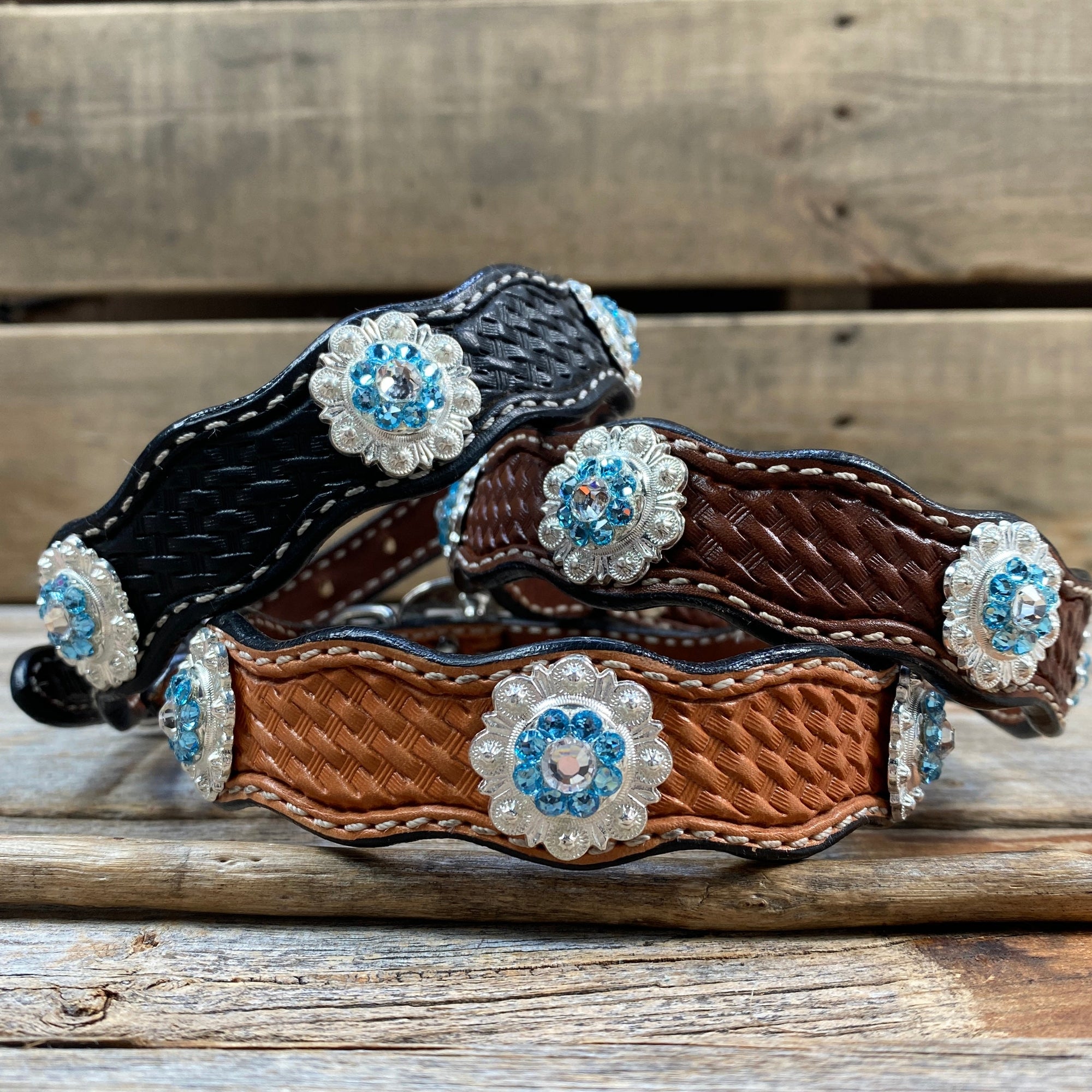 Leather Dog Collar With Bright Silver Aqua and Clear  Conchos 10" to 22" -DC47