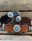 Leather Dog Collar With Bright Silver Aqua and Clear  Conchos 10" to 22" -DC47