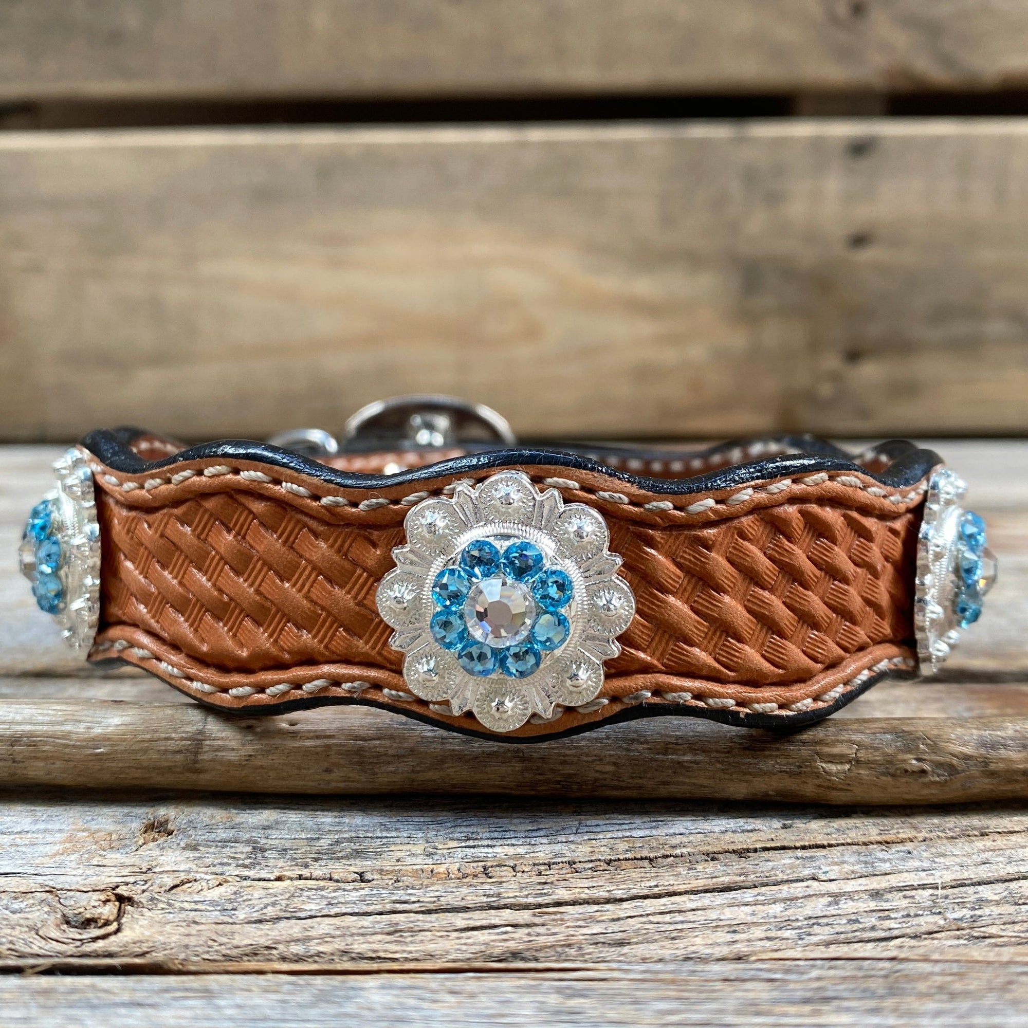 Leather Dog Collar With Bright Silver Aqua and Clear  Conchos 10" to 22" -DC47