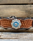 Leather Dog Collar With Bright Silver Aqua and Clear  Conchos 10" to 22" -DC47