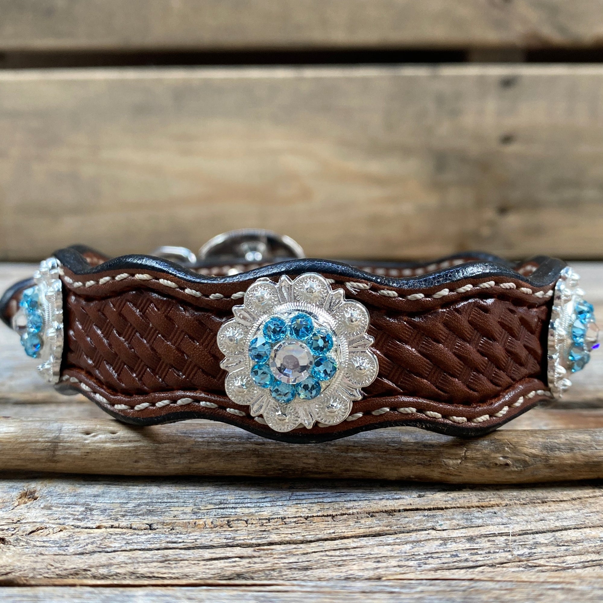 Leather Dog Collar With Bright Silver Aqua and Clear  Conchos 10" to 22" -DC47