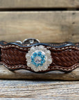 Leather Dog Collar With Bright Silver Aqua and Clear  Conchos 10" to 22" -DC47