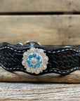 Leather Dog Collar With Bright Silver Aqua and Clear  Conchos 10" to 22" -DC47