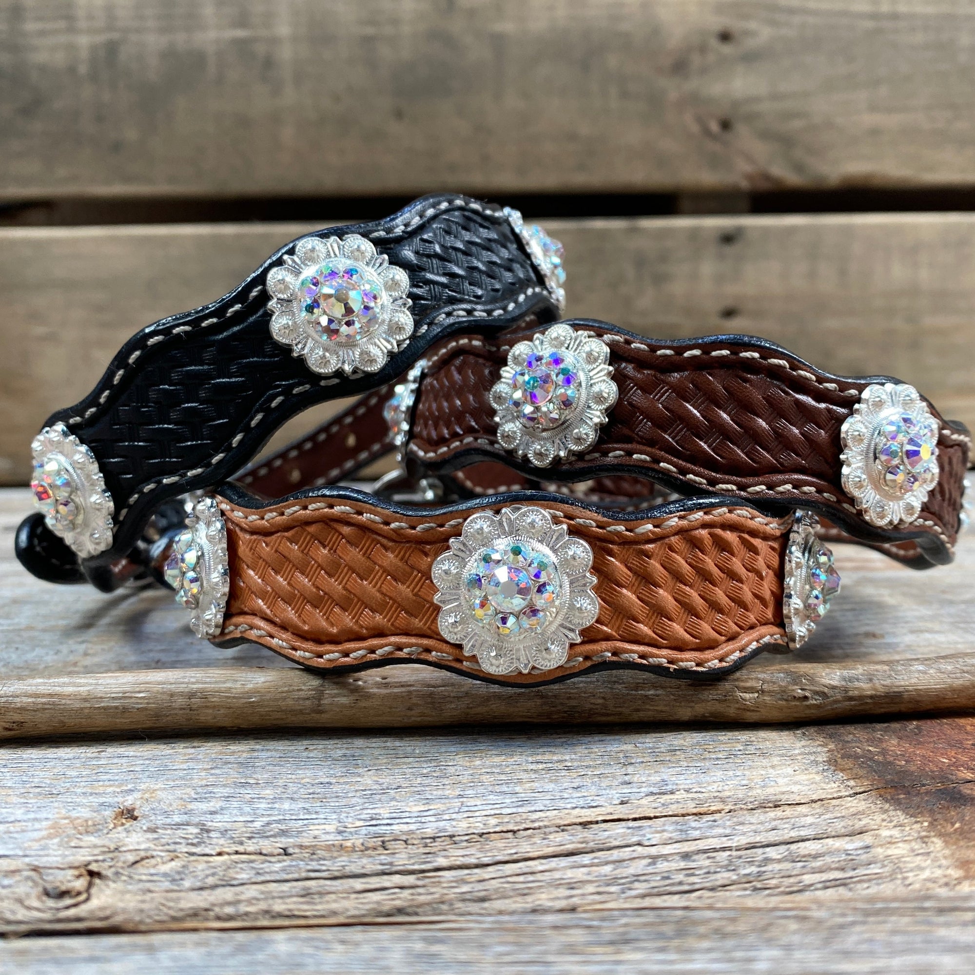 Leather Dog Collar With Bright Silver AB Conchos 10" to 22" -DC49