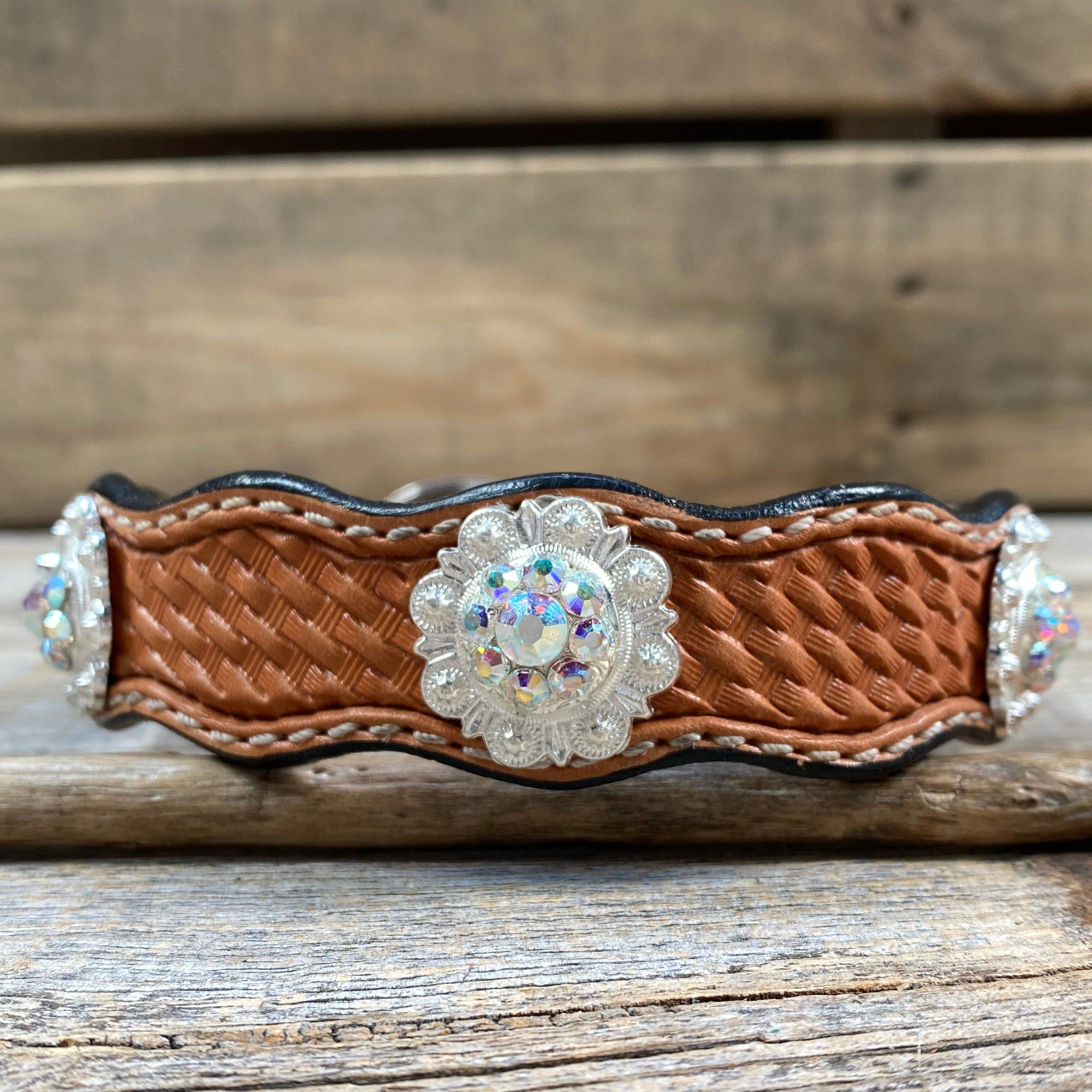 Leather Dog Collar With Bright Silver AB Conchos 10" to 22" -DC49