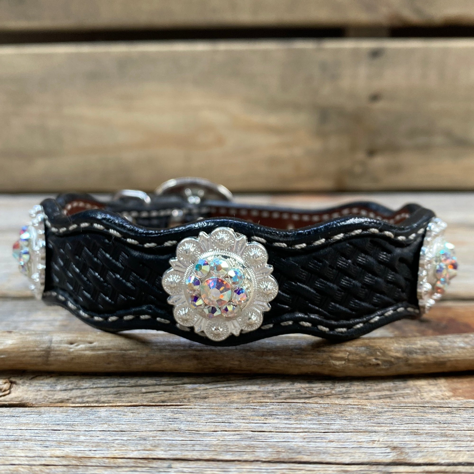 Leather Dog Collar With Bright Silver AB Conchos 10" to 22" -DC49