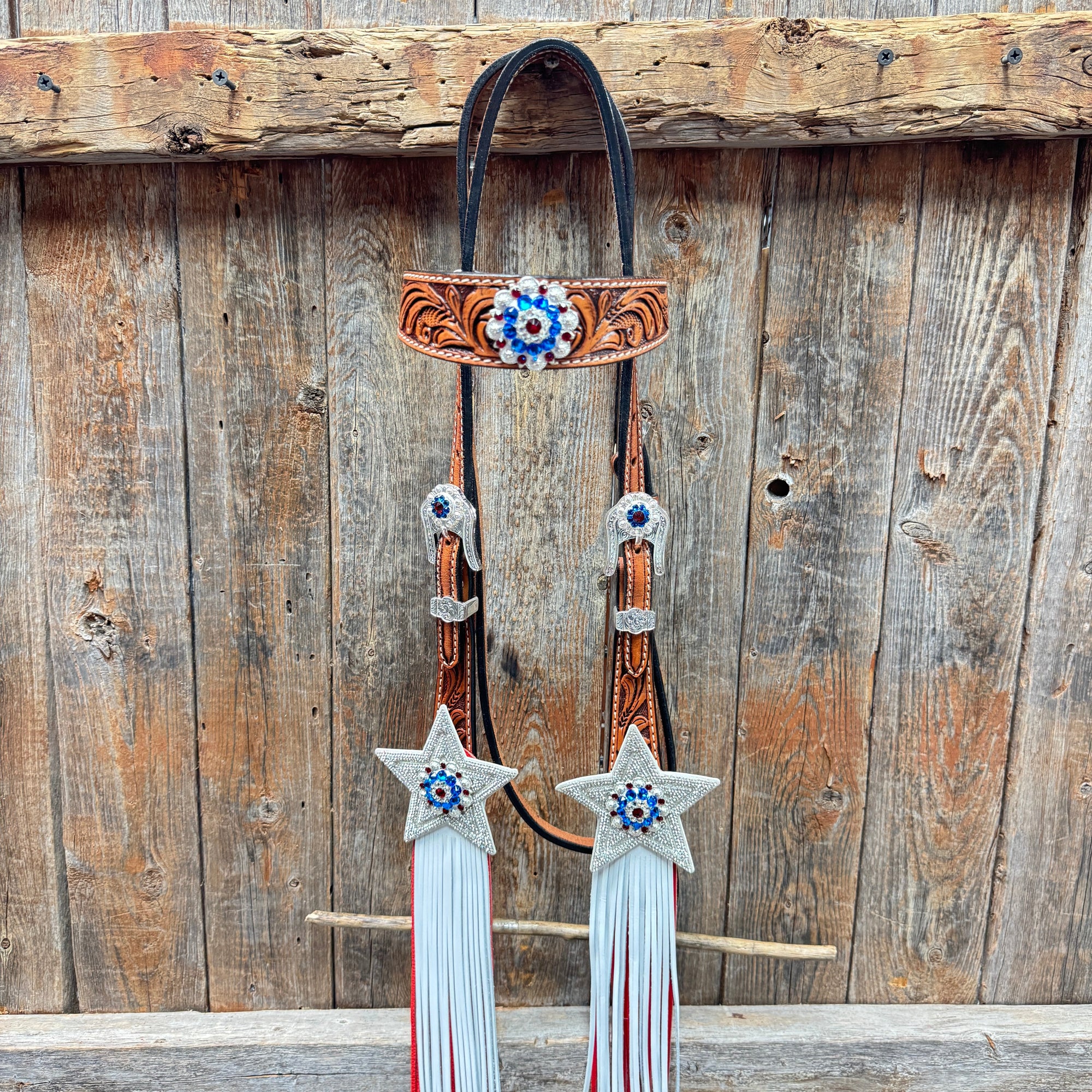Light Oil Roper Rhinestone and Patriotic Browband/One Ear Tack Set 