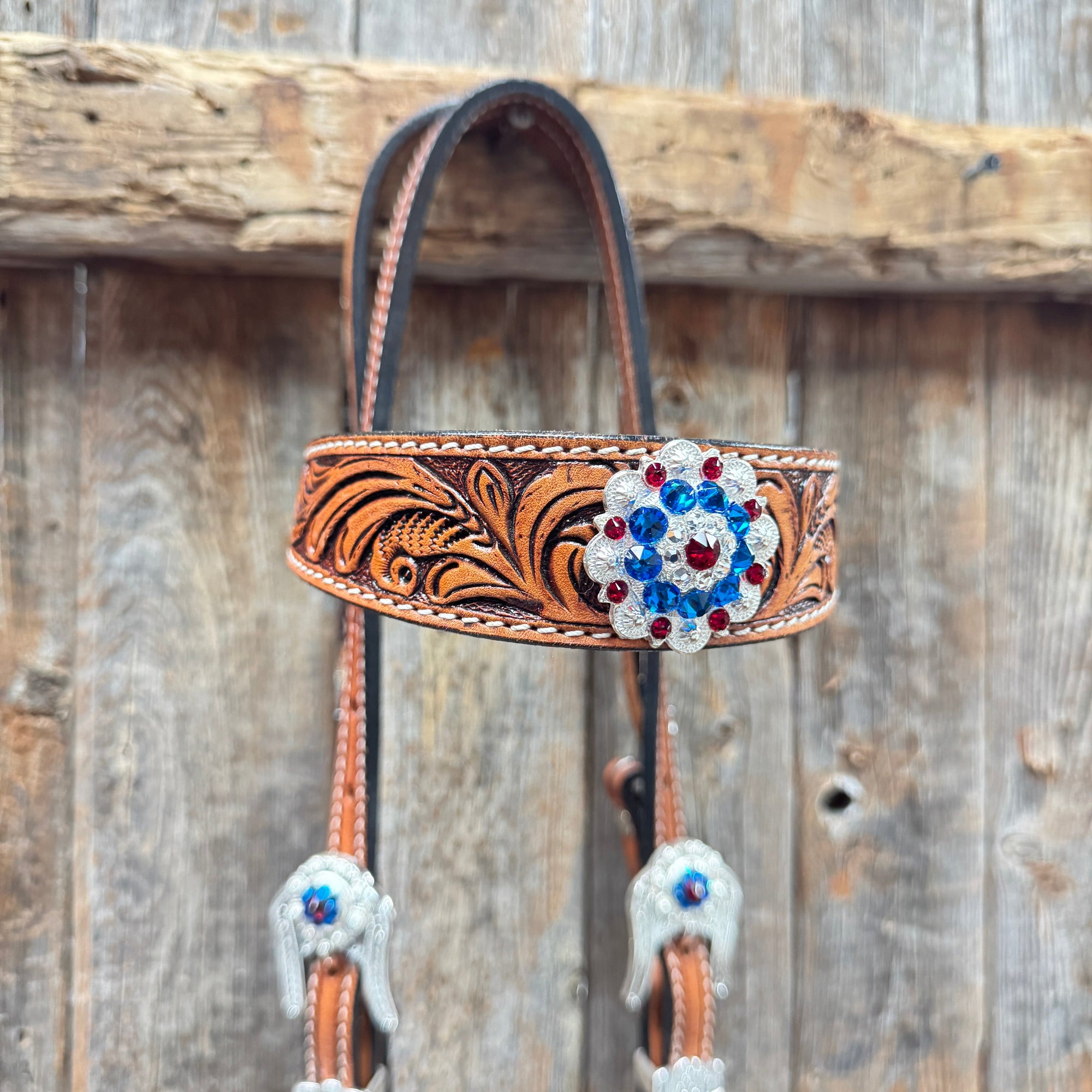 Light Oil Roper Rhinestone and Patriotic Browband/One Ear Tack Set 