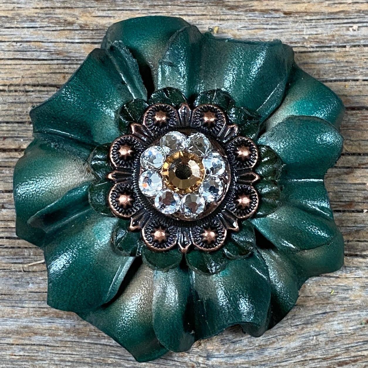 Green Carnation Flower With Copper Champagne, Clear 1" Concho