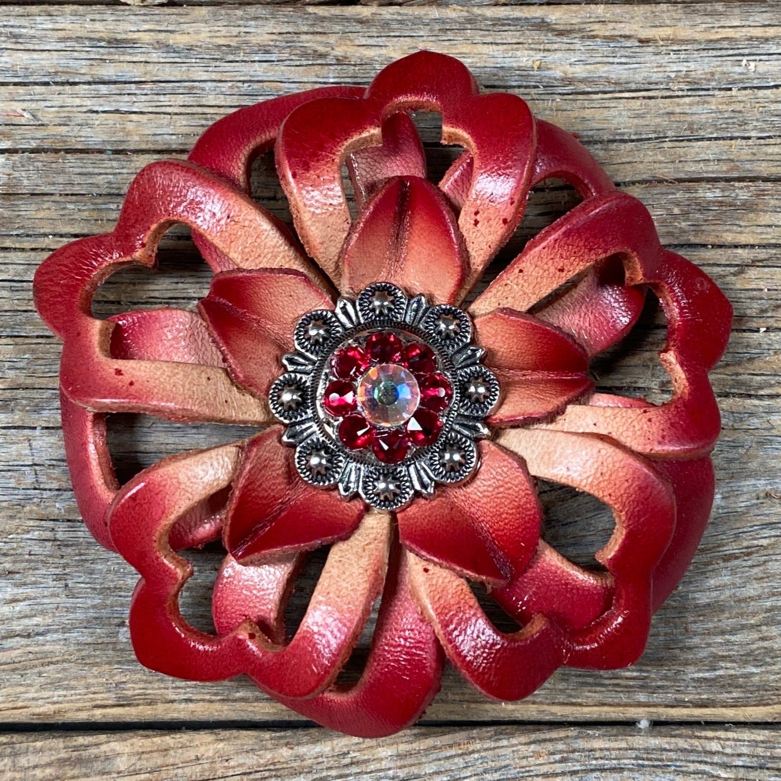 Red Lotus Leather Flowers - 1" Crystal Conchos - Options