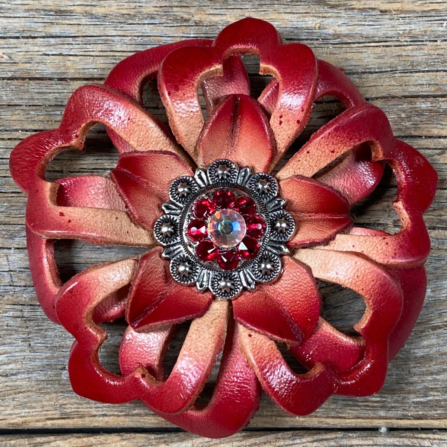 Red Lotus Flower With Antique Silver Ruby, AB 1" Concho