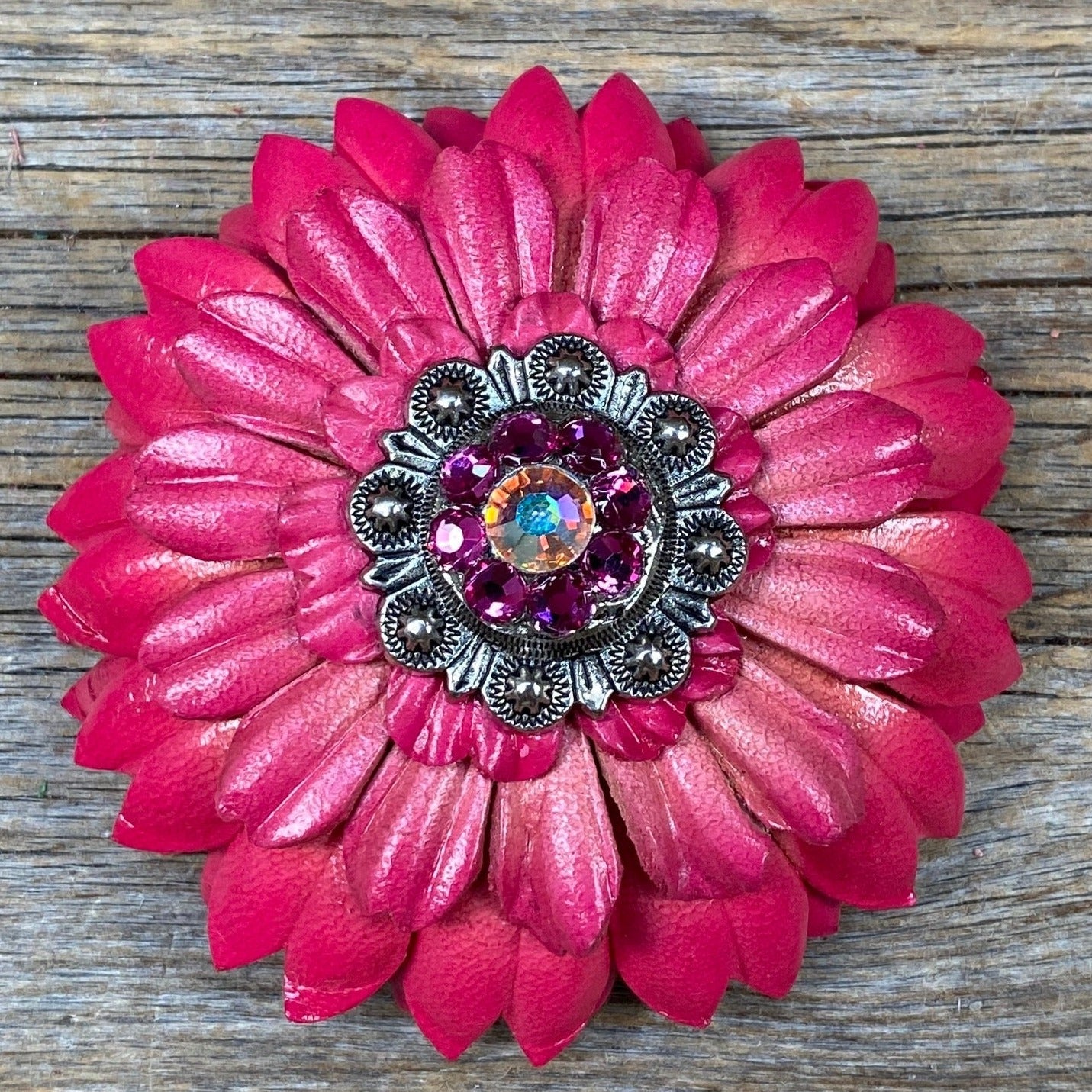 Pink Daisy Leather Flowers - 1" Crystal Conchos - Options