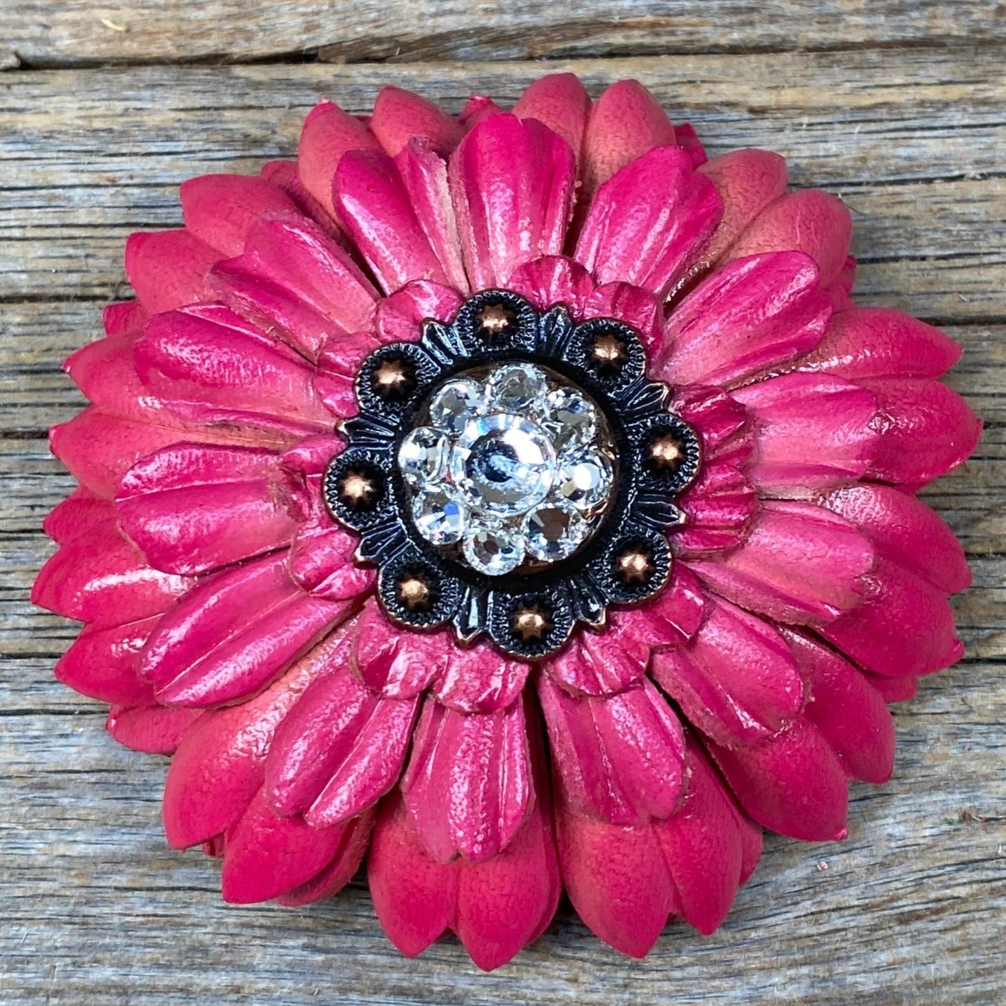 Pink Daisy Leather Flowers - 1" Crystal Conchos - Options