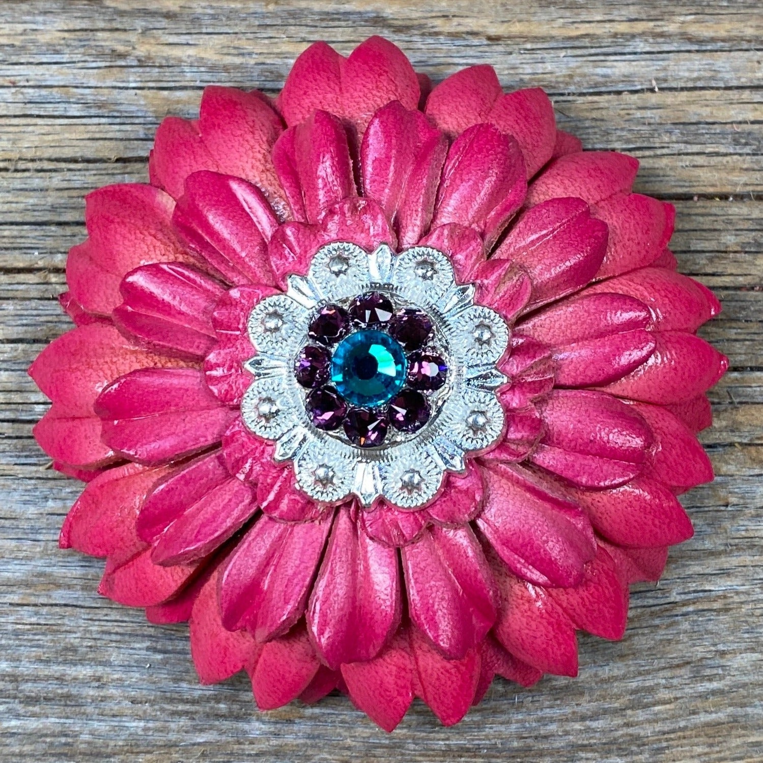 Pink Daisy Leather Flowers - 1" Crystal Conchos - Options