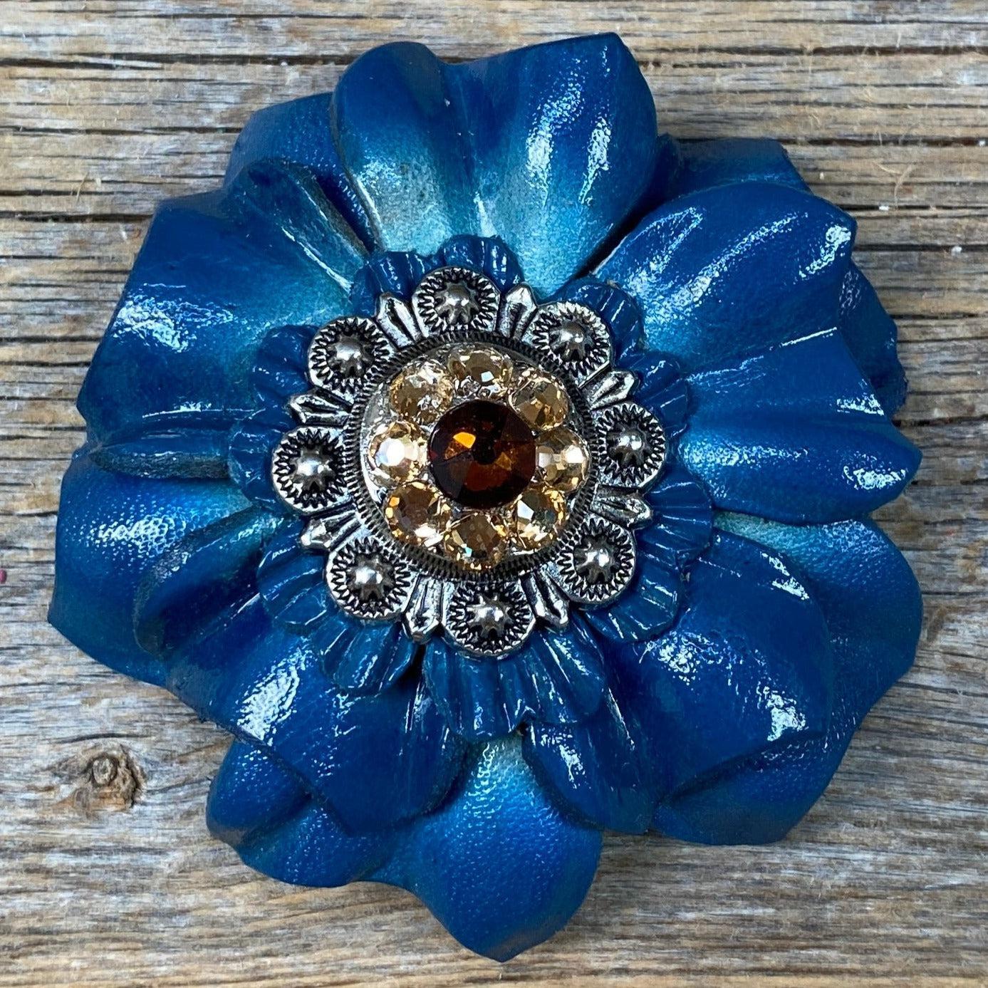 Teal Carnations Leather Flowers - 1" Crystal Conchos - Options