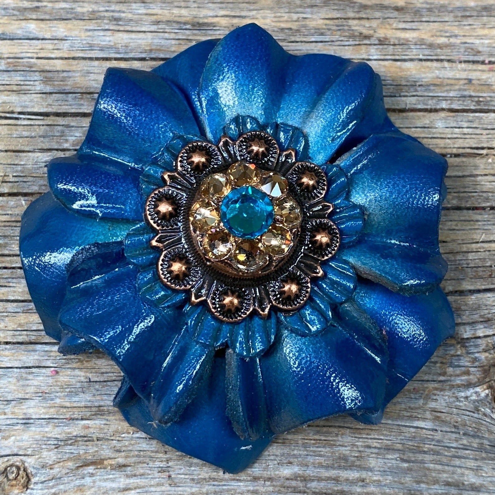 Teal Carnations Leather Flowers - 1" Crystal Conchos - Options