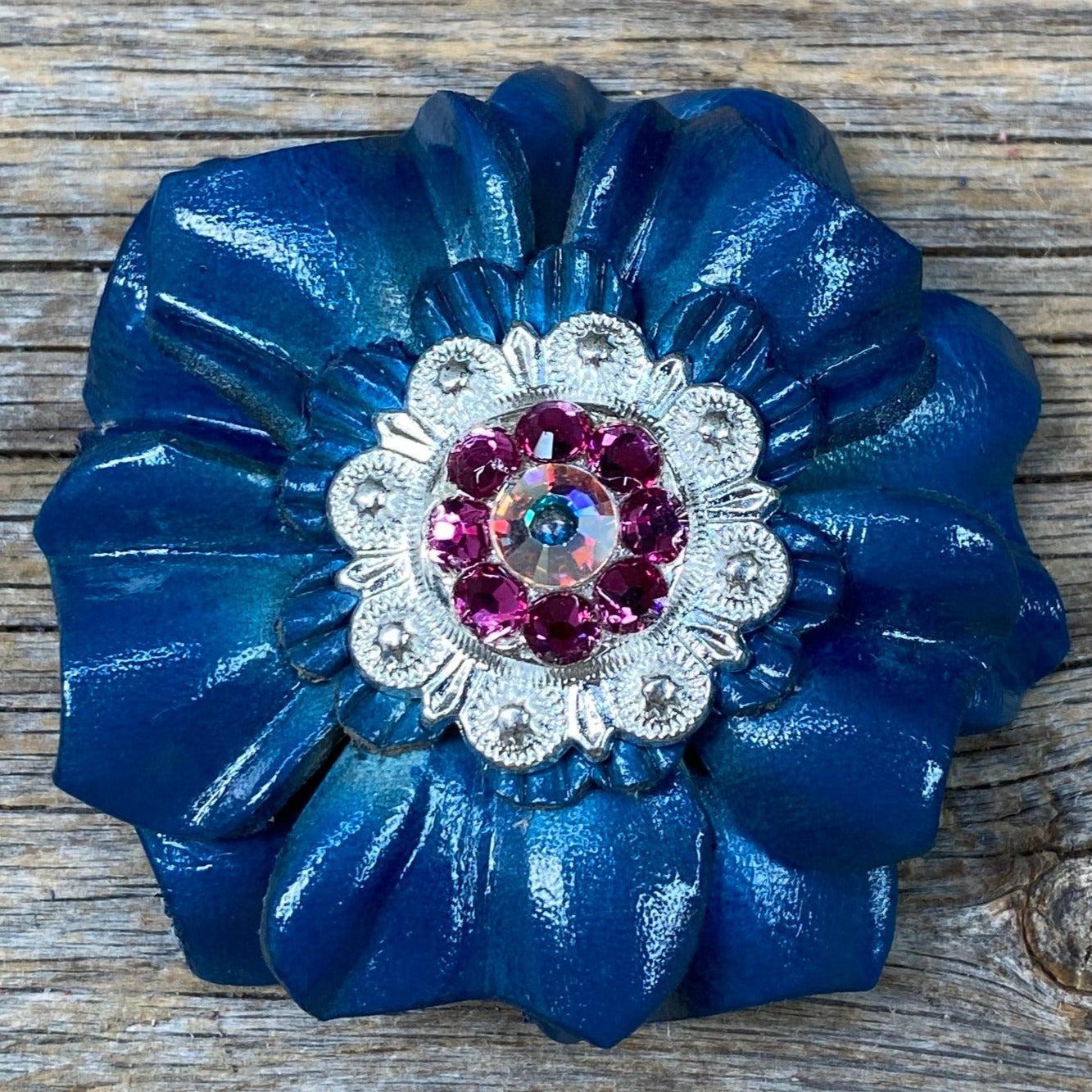 Teal Carnations Leather Flowers - 1" Crystal Conchos - Options