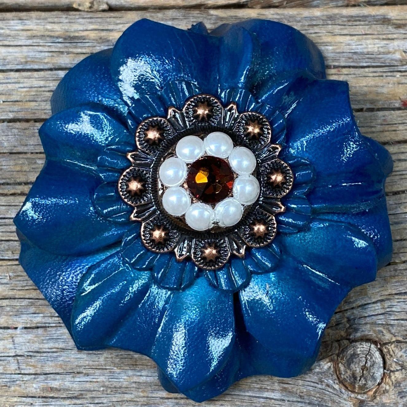 Teal Carnations Leather Flowers - 1" Crystal Conchos - Options