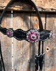 Black Floral Fuchsia Browband / One Ear Tack Set 