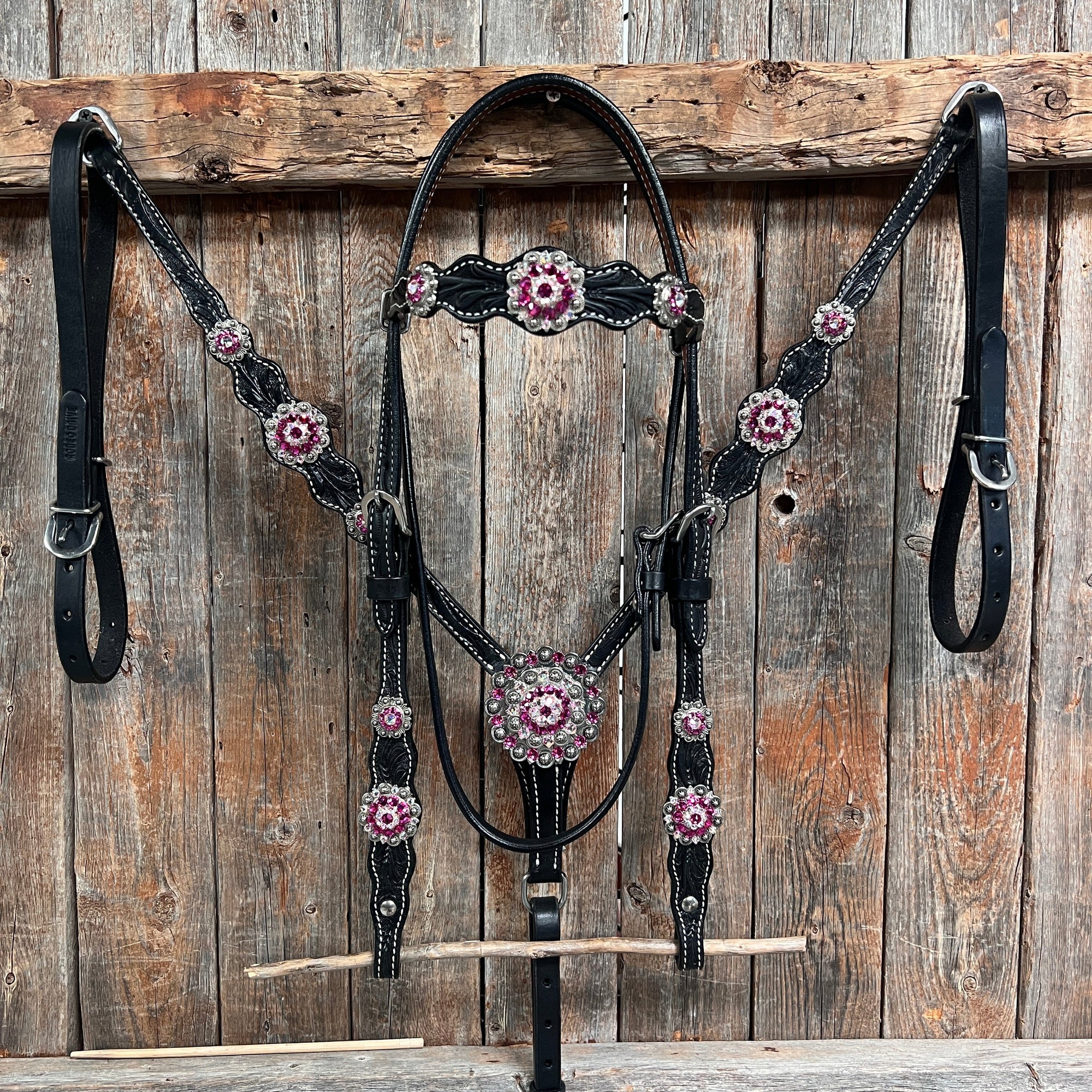 Black Floral Fuchsia Browband / One Ear Tack Set 