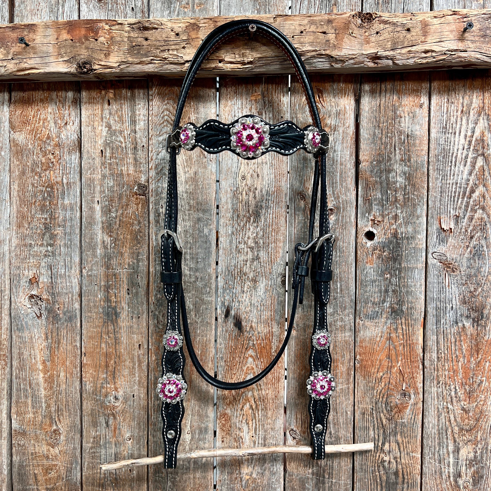 Black Floral Fuchsia Browband / One Ear Tack Set 
