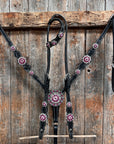 Black Floral Fuchsia Browband / One Ear Tack Set 