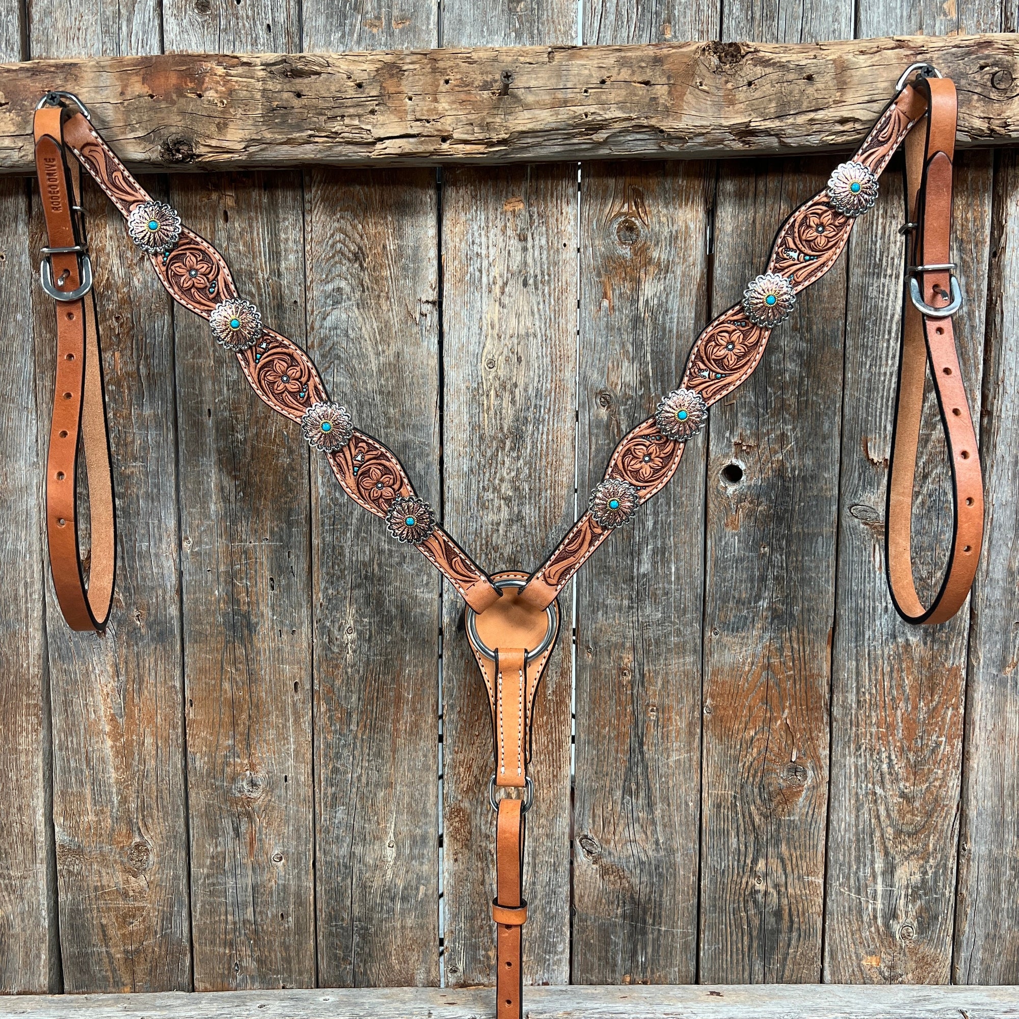 Floral Teal Dot Western Floral Browband/One Ear Headstall &amp; Breastcollar Tack Set 