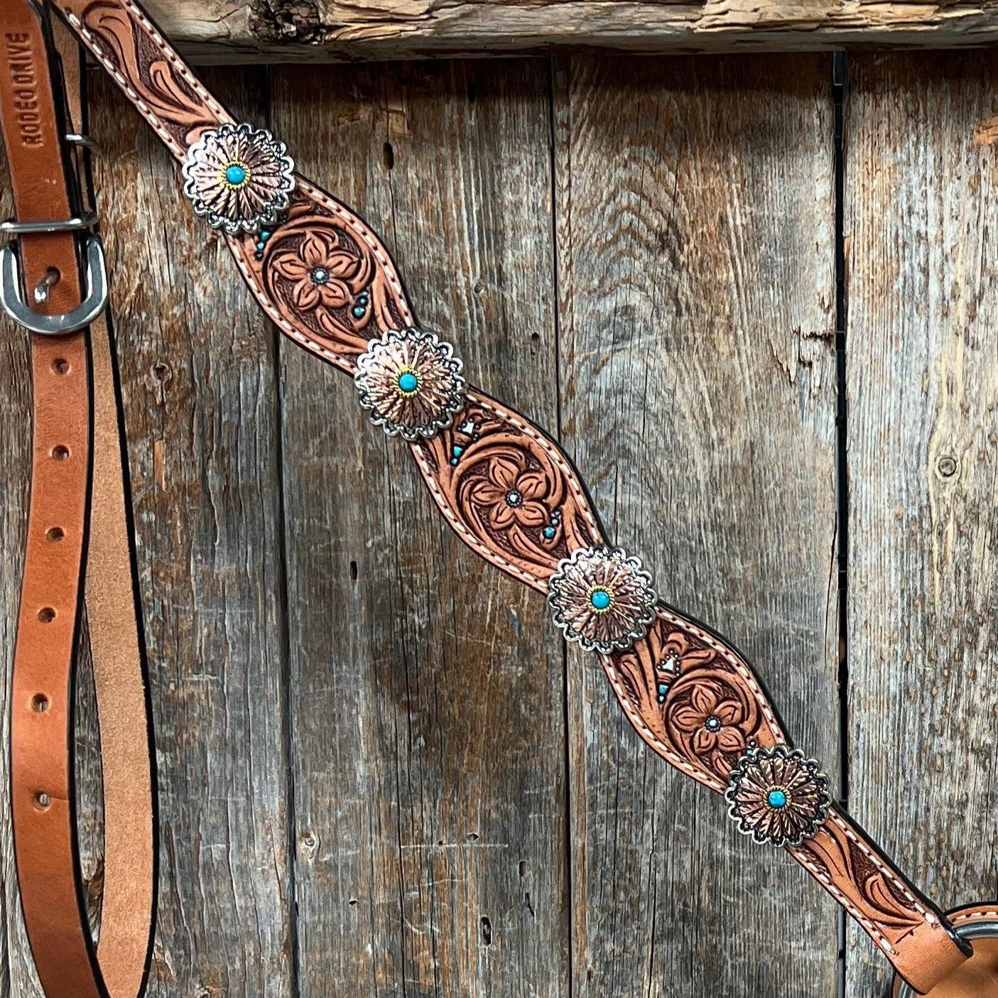 Floral Teal Dot Western Floral Browband/One Ear Headstall &amp; Breastcollar Tack Set 